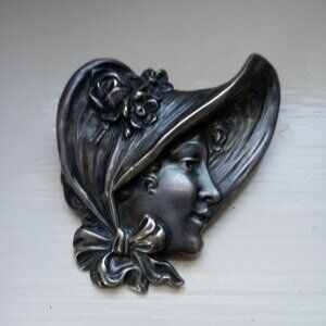 Unger  Bros Large Antique Pin signed  Sterling Silver Brooch Art Nouveau Lady